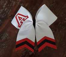 Load image into Gallery viewer, White Chevron Tail Cheer/Dance/Softball Bow with Name
