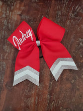 Load image into Gallery viewer, Custom Red/Maroon Cheer/Dance/Softball Bow with Name and chevrons
