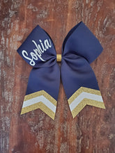 Load image into Gallery viewer, BLUE or NAVY Chevron Tail Cheer/Dance/Softball Bow with Name
