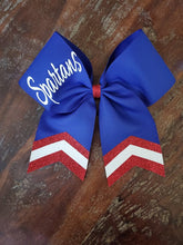 Load image into Gallery viewer, BLUE or NAVY Chevron Tail Cheer/Dance/Softball Bow with Name
