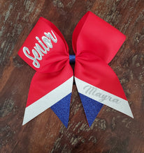 Load image into Gallery viewer, Custom Cheer/Senior/Softball Bow with Name and Striped tail
