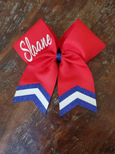 Load image into Gallery viewer, Custom Red/Maroon Cheer/Dance/Softball Bow with Name and chevrons
