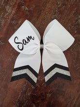 Load image into Gallery viewer, White Chevron Tail Cheer/Dance/Softball Bow with Name
