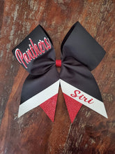 Load image into Gallery viewer, Custom Cheer/Senior/Softball Bow with Name and Striped tail
