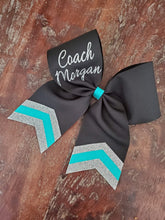 Load image into Gallery viewer, Black Chevron Tail Cheer/Dance/Softball Bow with Name
