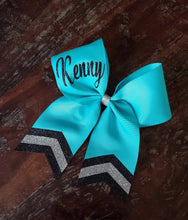 Load image into Gallery viewer, BLUE or NAVY Chevron Tail Cheer/Dance/Softball Bow with Name
