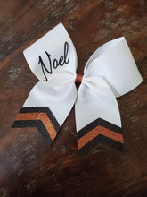 Load image into Gallery viewer, White Chevron Tail Cheer/Dance/Softball Bow with Name
