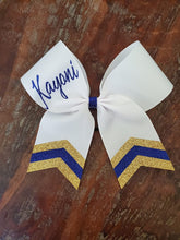 Load image into Gallery viewer, White Chevron Tail Cheer/Dance/Softball Bow with Name
