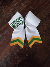 Load image into Gallery viewer, White Chevron Tail Cheer/Dance/Softball Bow with Name
