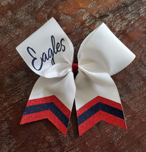 Load image into Gallery viewer, White Chevron Tail Cheer/Dance/Softball Bow with Name
