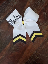 Load image into Gallery viewer, White Chevron Tail Cheer/Dance/Softball Bow with Name
